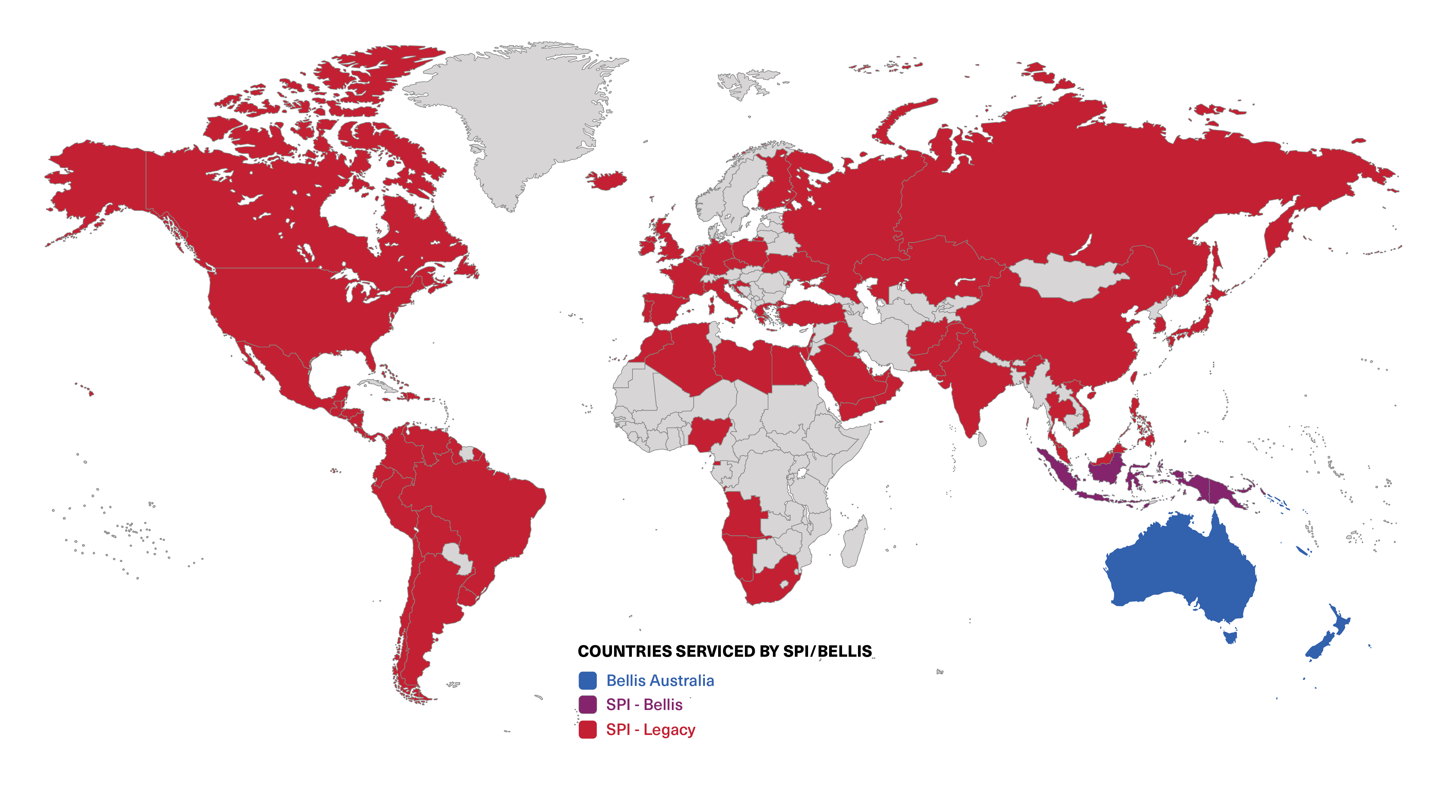 Map of the globe, with legacy countries serviced by SPI in red, countries serviced by Bellis in Blue, and countries serviced cooperatively in purple