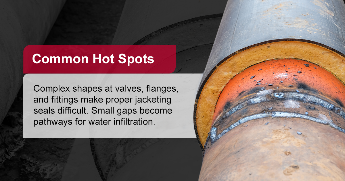 Industrial piping insulation system with potential CUI risk areas